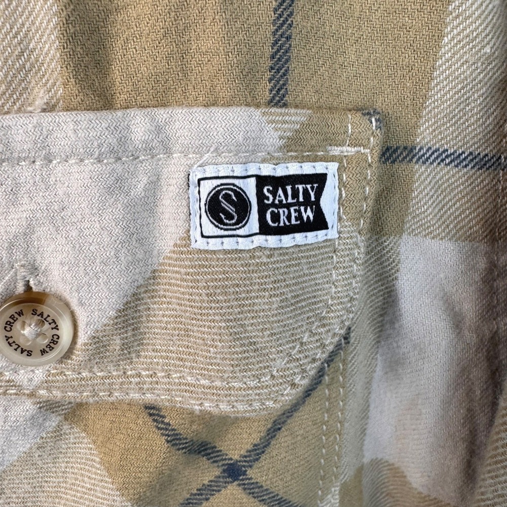 Salty Crew Mens Button Up Shirt L Large Flannel Plaid Beige Long Sleeve - Picture 5 of 13